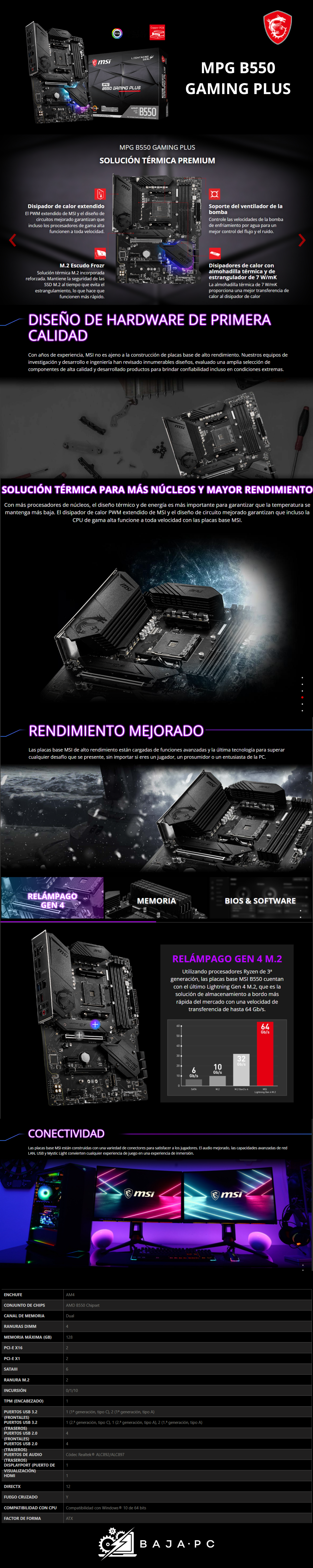 Tarjeta Madre MSI MPG B550 GAMING PLUS/ AM4 / AMD RYZEN 3000 SERIES / ATX