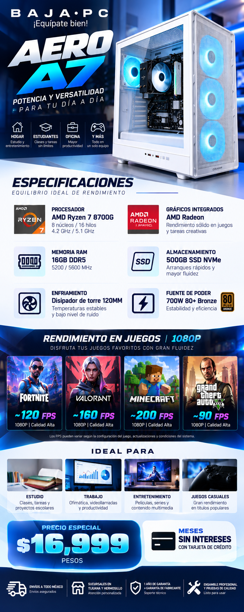 PC AERO R7 / AMD RYZEN 7 8700G / RADEON VEGA GRAPHICS / 16GB RAM DDR5 / 500GB SSD / 650W 80+ BRONZE / DISIPADOR DE TORRE 120MM / W11 PRO / PROMOCION