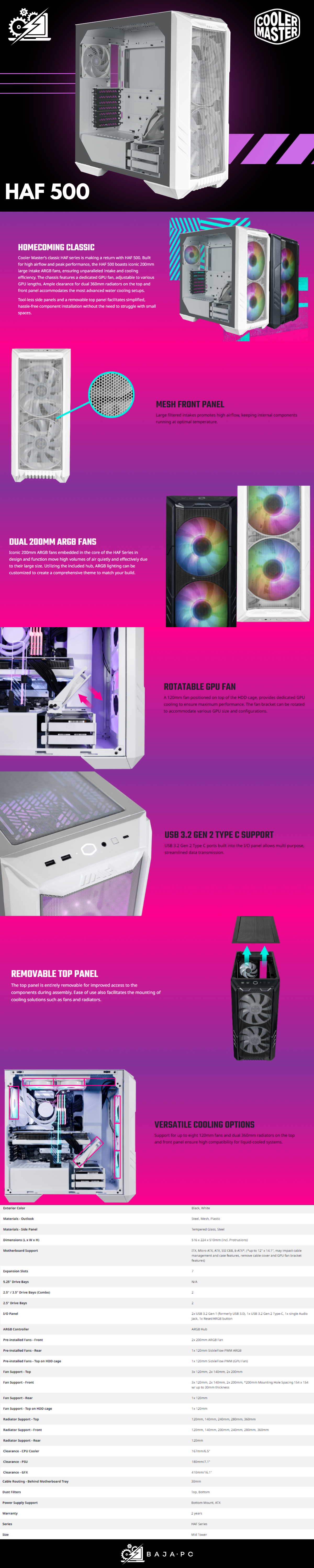 Gabinete Cooler Master HAF 500 White / Cristal Templado / H500-WGNN-S00