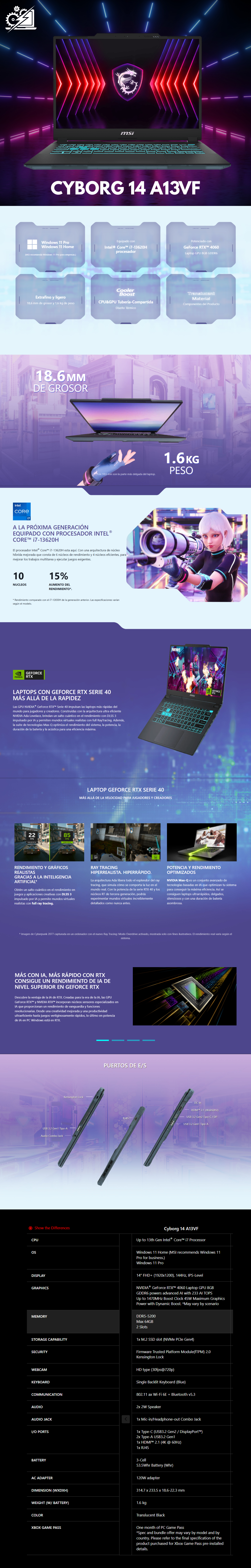 Laptop Gamer MSI Cyborg 14 A13VF / Intel Core i7-13620H / NVIDIA GeForce RTX 4060 / 15.6 / 1920x1080 Full HD / 16GB / 512GB SSD / Windows 11 Home / Inglés / CYBORG 14 A13VF-018US