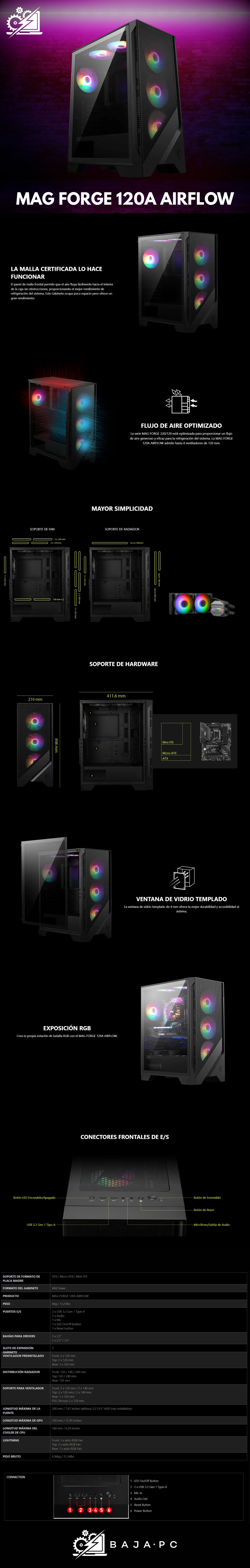 Gabinete MSI MAG Forge 120A Airflow / Auto RGB Fan / Cristal Templado / Supports Up to 8 Fans / MAG FORGE 120A AIRFLOW