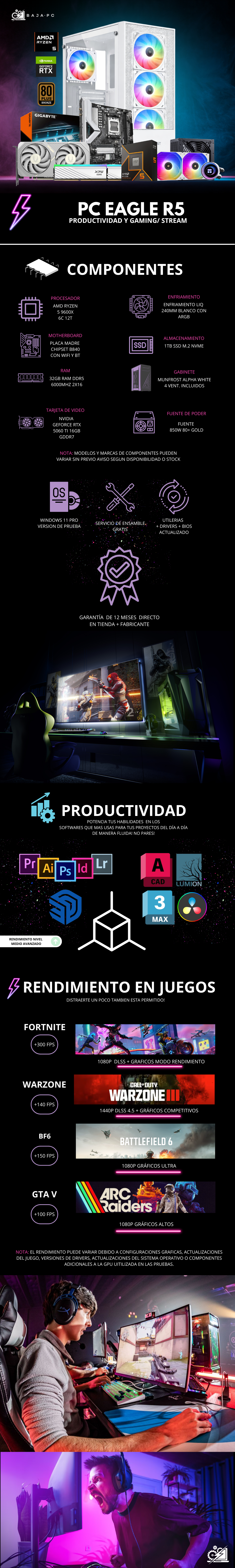 AMD PC EAGLE R5 / AMD RYZEN 5 9600X / RTX 5060 TI 16G / 32GB RAM DDR5/ 1TB SSD NVME / ENFRIAMIENTO LIQ 240MM / FUENTE 850W 80+ GOLD / W11 PRO / PROMOCION