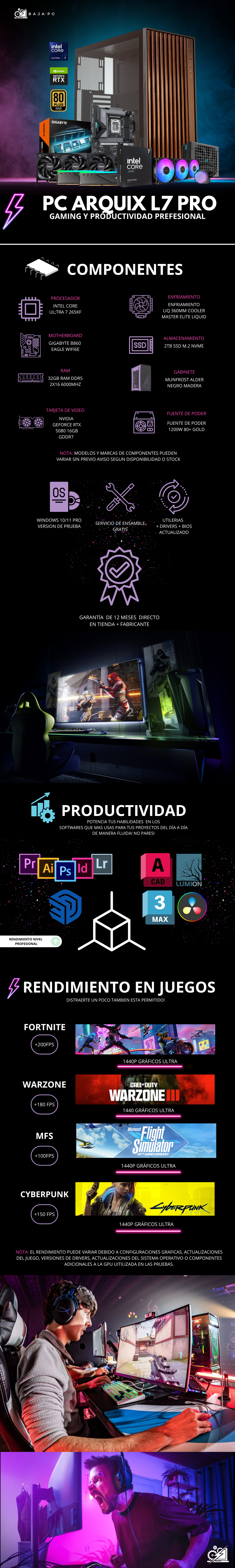 PC ARQUIX L7 PRO / INTEL CORE ULTRA 7 265KF / RTX 5080 / 32GB RAM DDR5 / 2TB SSD NVME / ENFRIAMIENTO LIQ 360MM / FUENTE 1200W 80+ GOLD / W11 PRO / PROMOCION