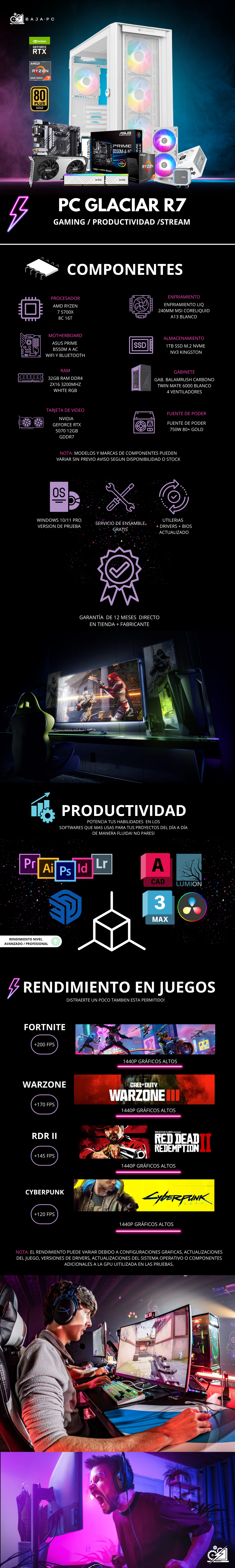 PC GLACIAR R7 / AMD RYZEN 7 5700X / RTX 5070 / 32GB RAM / 1TB SSD NVME / ENFRIAMIENTO LIQ 240MM / FUENTE 750W 80+ GOLD/ PROMOCION