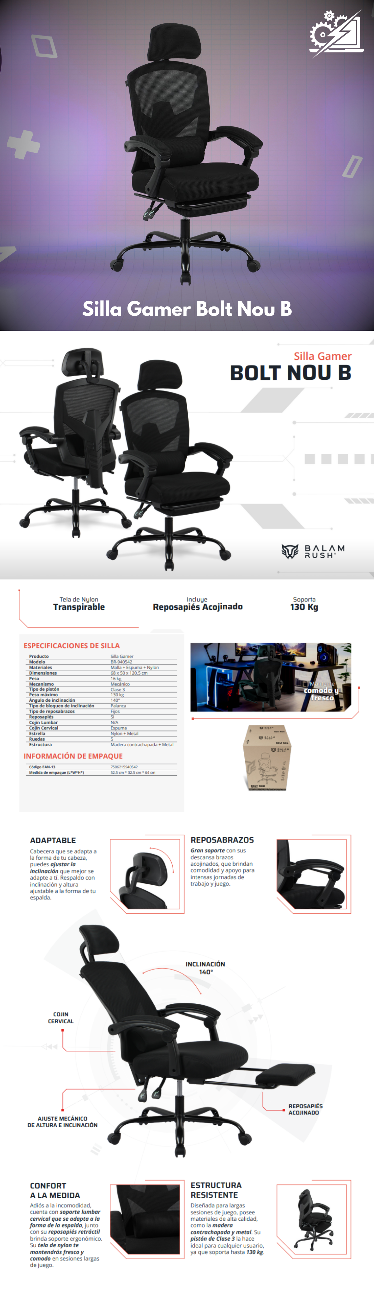 Balam Rush Silla Gamer Bolt Nou B, hasta 130kg, Negro