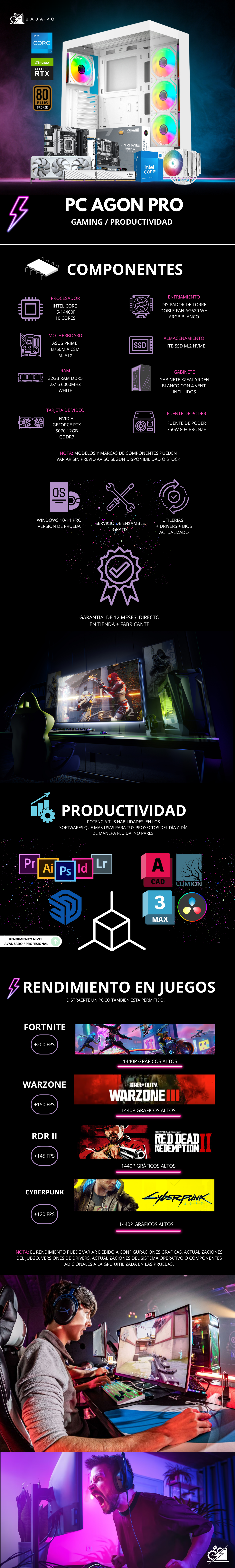 PC AGON PRO / INTEL CORE I5-14400F / RTX 5070 / 32GB RAM DDR5 / 1TB SSD M.2 NVME / DISIPADOR DE TORRE DOBLE FAN / FUENTE 750W 80+ BRONZE / PROMOCION