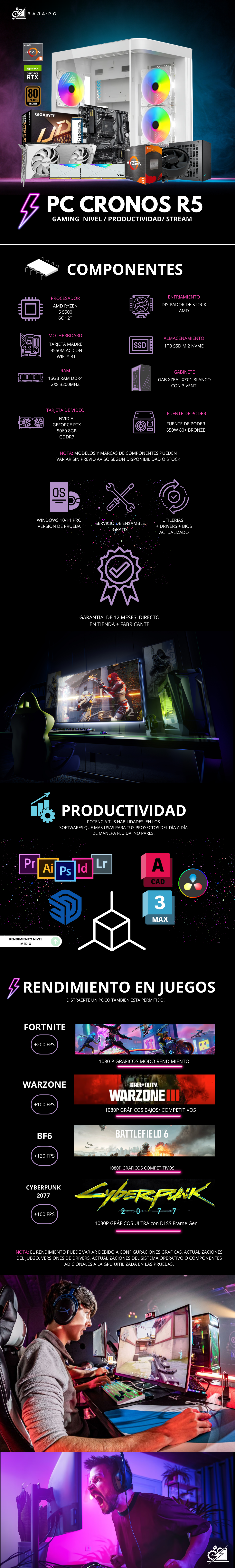 PC CRONOS R5 / AMD RYZEN 5 5500 / RTX 5060 / 16GB RAM / 1TB SSD NVME / B550M / 650W 80+ BRONZE/ W11 PRO / PROMOCION