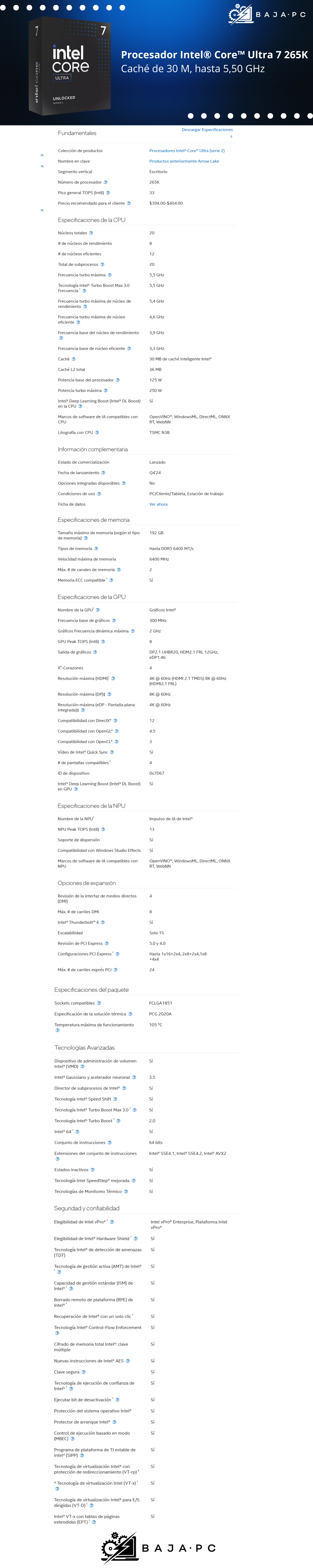 Procesador Intel Core Ultra 7 265K / 20 Nucleos (8P+12E) / 3.9 GHz / LGA1851 / Intel Graphics / 125w / BX80768265K