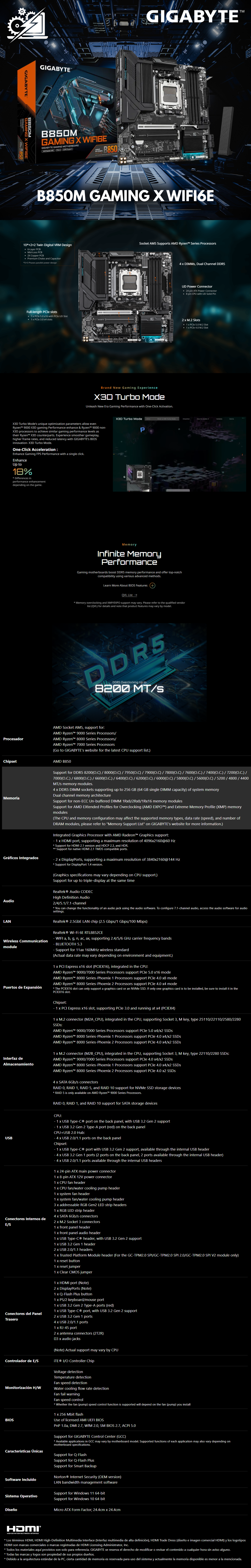 Tarjeta Madre Gigabyte B850M GAMING X WIFI6E / Micro ATX / AM5 / Up to 256GB DDR5 / HDMI/DP / DIY-FRIENDLY / B850M GAMING X WIFI6E