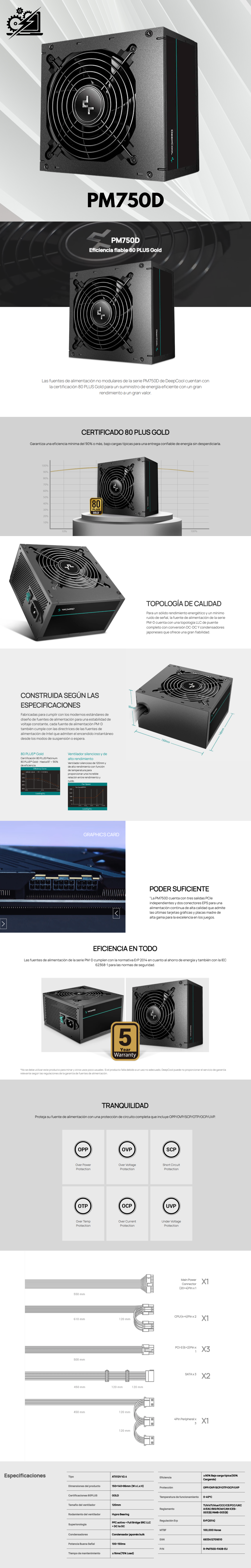 Fuente de Poder DEEPCOOL PM750D 80+ GOLD / 750W / R-PM750D-FA0B-VN