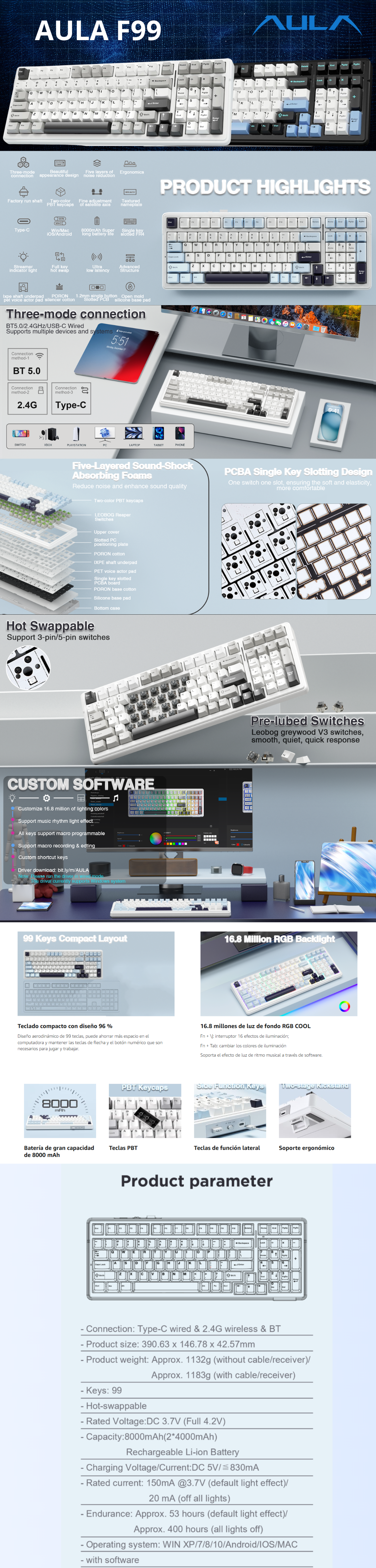 Teclado Mecánico AULA F99/ INALAMBRICO / GREY+WHITE+DARK GREY / Diseño del 98%/GRAY WOOD SWITCHV3