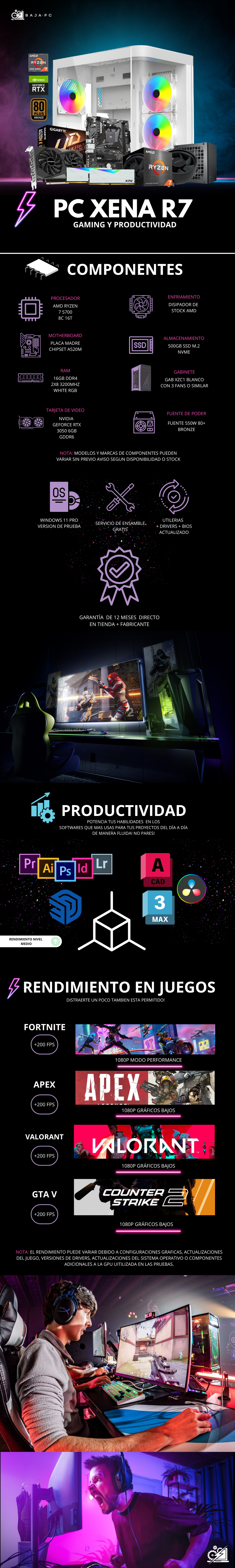 PC XENA R7/ AMD RYZEN 7 5700 / RTX 3050 6G / 16GB RAM / 500GB SSD NVME / A520M / FUENTE 550W 80+ BRONZE / W11 PRO / PROMOCION