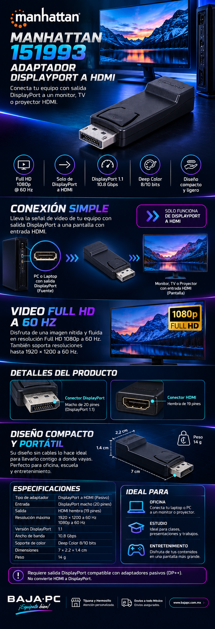 Adaptador DisplayPort Macho a HDMI Hembra.