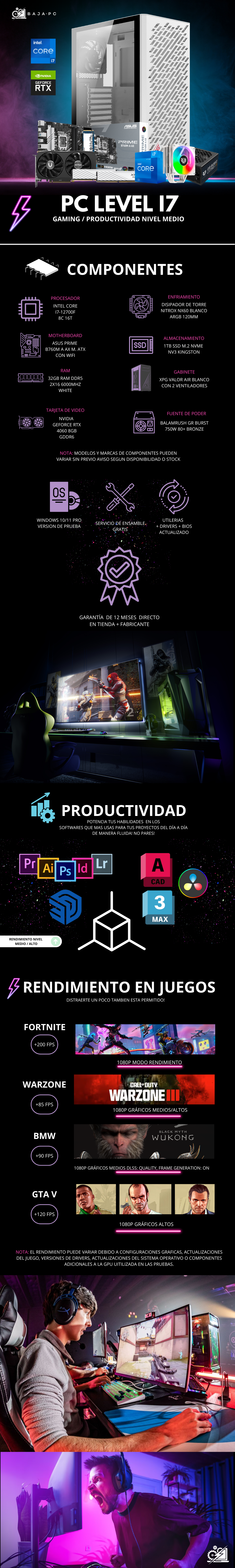 PC LEVEL I7 / INTEL CORE I7-12700F / RTX 4060 / 32GB RAM DDR5 / 1TB SSD NVME/ DISIPADOR DE TORRE / FUENTE 750W 80+ BRONZE / PROMOCION