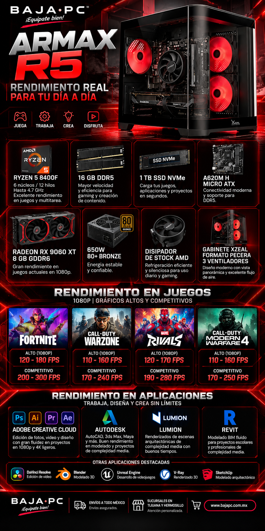 PC ARMAX R5 / AMD RYZEN 5 8400F / RADEON RX 9060 XT 8GB / 16GB RAM DDR5 / 1TB SSD NVME / DISIPADOR DE STOCK / FUENTE 650W 80+ BRONZE/ W11 PRO / PROMOCION
