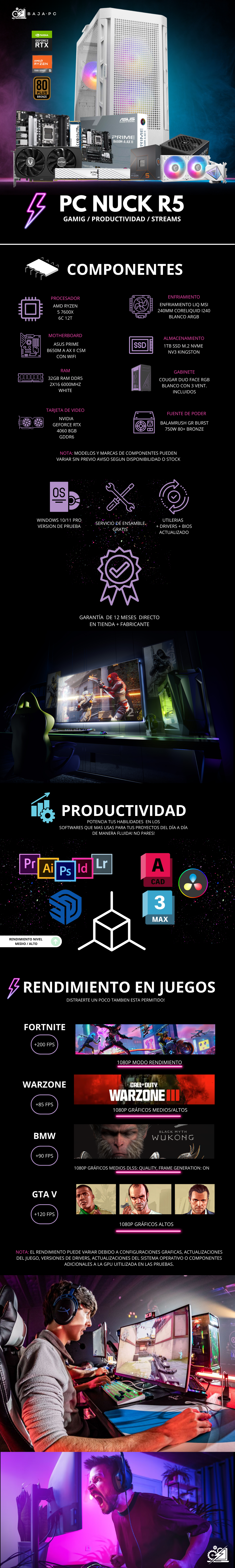 PC NUCK R5 / AMD RYZEN 5 7600X / RTX 4060 / 32GB RAM DDR5 / 1TB SSD NVME / ENFRIAMIENTO LIQ 240MM / FUENTE 750W 80+ BRONZE / PROMOCION