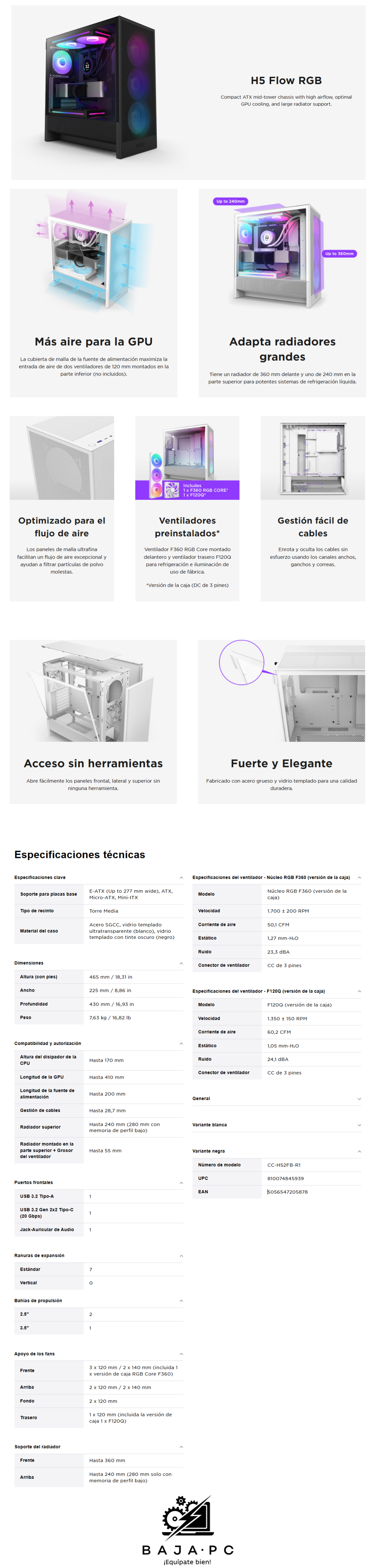 Gabinete NZXT H5 FLOW RGB Negro / Versión 2024 / Cristal Templado / Mid-Tower/ Sin Fuente / USB Tipo C / CC-H52FB-R1