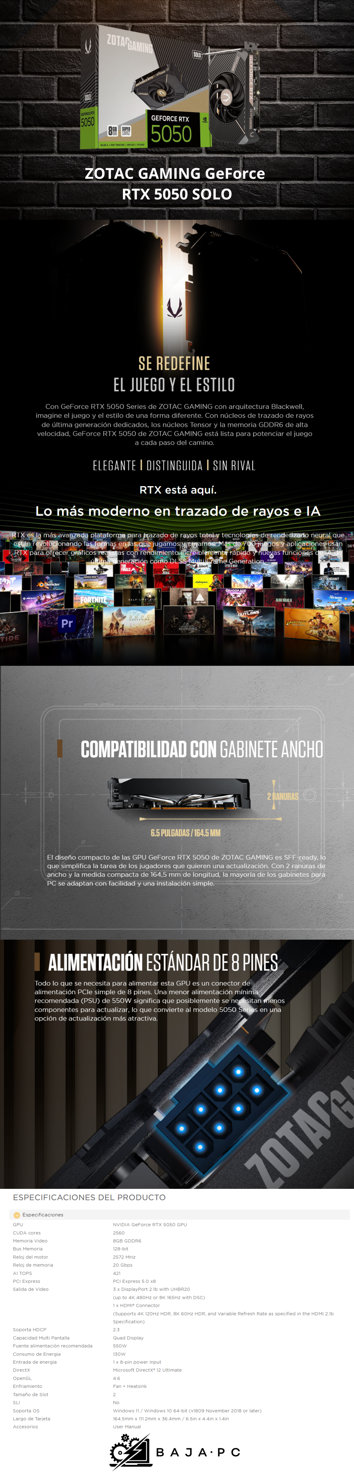 Tarjeta de Video ZOTAC RTX 5050 8GB SOLO / 8GB 128-bit GDDR6 / ZT-B50500G-10L