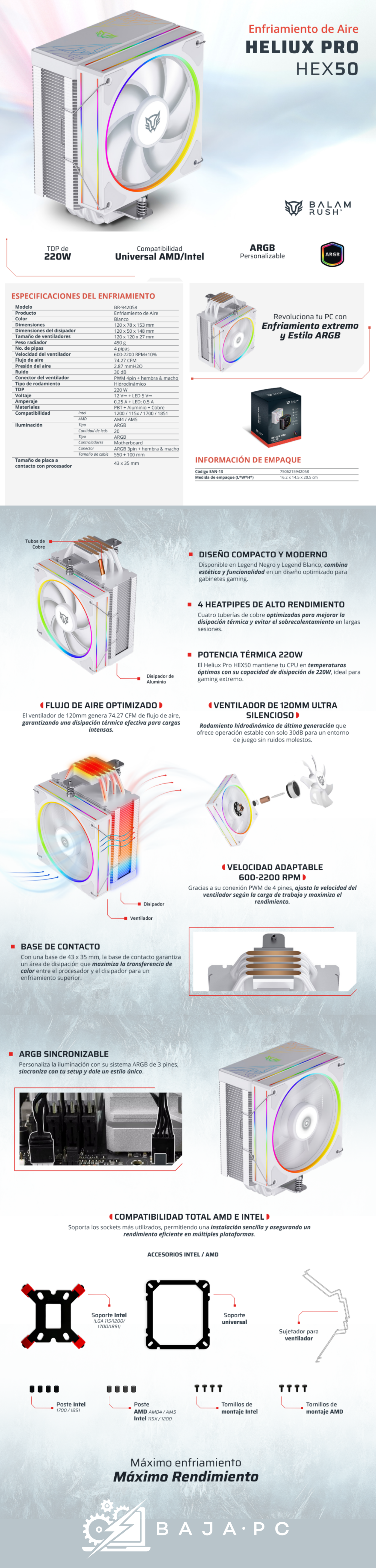 Disipador y Ventilador Balam Rush Heliux Pro HEX50 de 120mm, Compatible con Intel 1200 / 115x / 1700 / 1851 y AMD AM4 / AM5, Color BLANCO