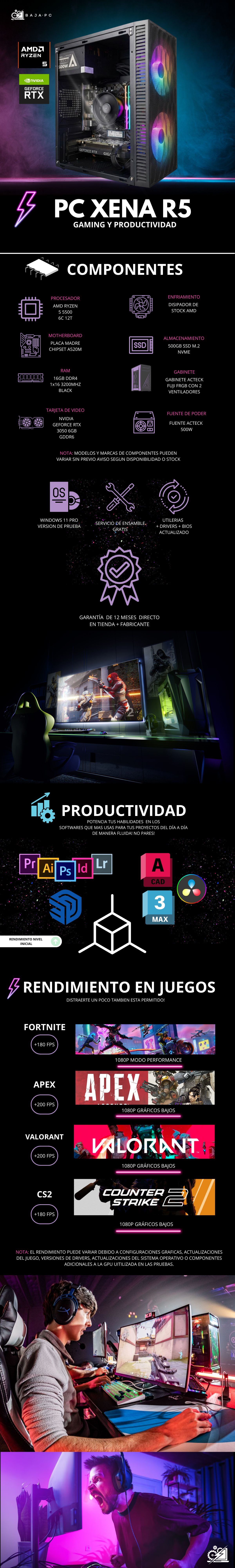PC XENA R5 / AMD RYZEN 5 5500 / RTX 3050 / 16GB RAM / 500GB SSD NVME / 500W / W11 PRO / PROMOCION