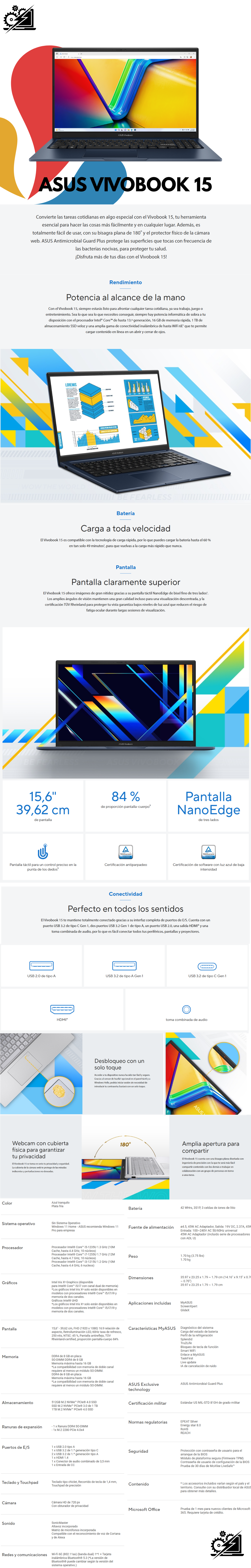 Laptop Asus Vivobook 15 F1504Z / Intel Core I5-1235U / 8GB RAM / 256GB SSD / Pantalla 15.6" FHD / W11 Home / Teclado en Ingles / Color 1B Quiet Blue / Promocion
