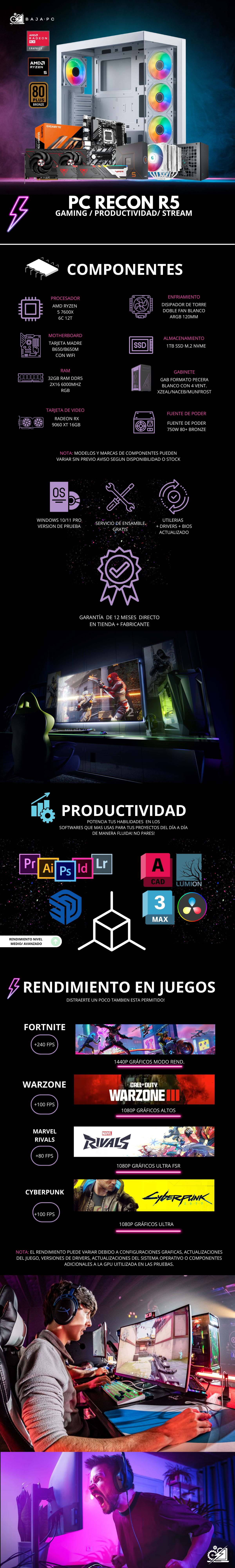 PC RECON R5/ AMD RYZEN 5 7600X / RADEON RX 9060 XT 16G / 32GB RAM DDR5 / 1TB SSD NVME / DISIPADOR DE TORRE DOBLE FAN / FUENTE 750W 80+ BRONZE/ B650M/ W11 PRO / PROMOCION