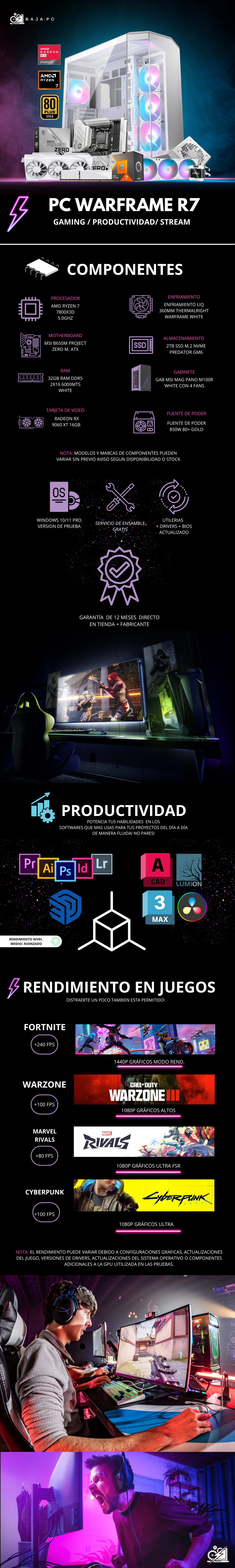 PC WARFRAME R7 / AMD RYZEN 7 7800X3D / RX 9060 XT 16G / 32GB RAM DDR5 / 2TB SSD NVME / ENFRIAMIENTO CON PANTALLA 360MM / FUENTE 850W 80+ GOLD / W11 PRO / PROMOCION