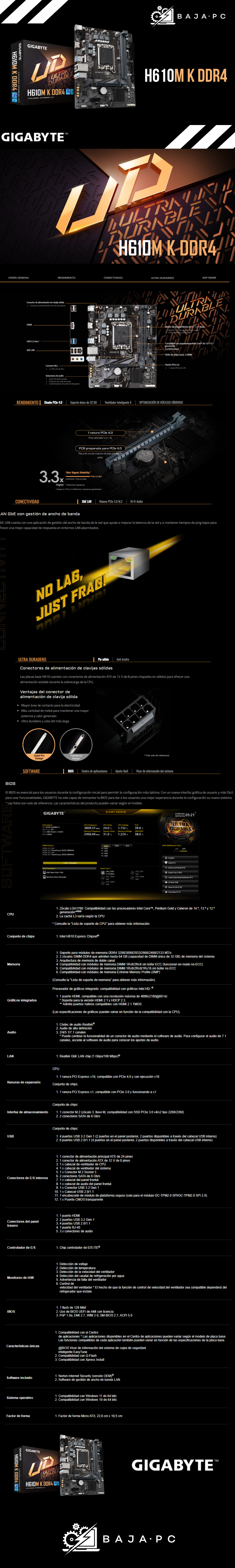 Tarjeta Madre Gigabyte H610M K DDR4 / Micro-ATX / LGA1700 / H610 / HDMI / Up to 64GB DDR4 / H610M K DDR4