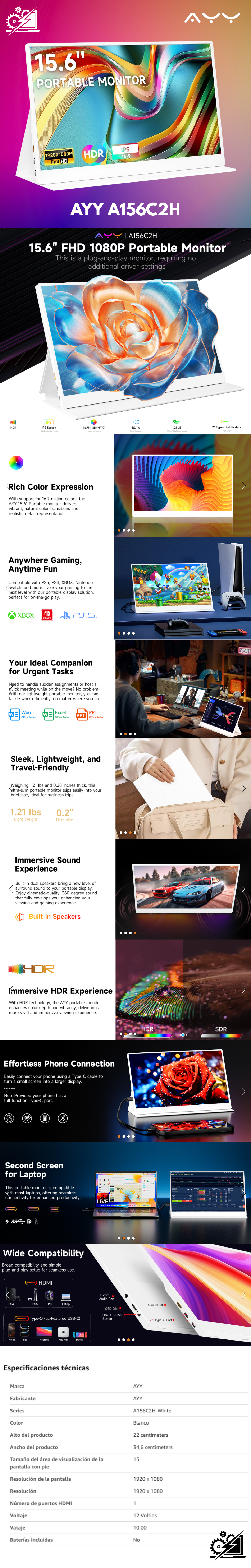 Monitor portátil de 15.6 pulgadas 1080P FHD - visualización de computadora USB-C/HDMI, HDR IPS Monitor de juegos compatible con computadora portátil, PC, MAC, teléfono, PS4, Xbox Switch