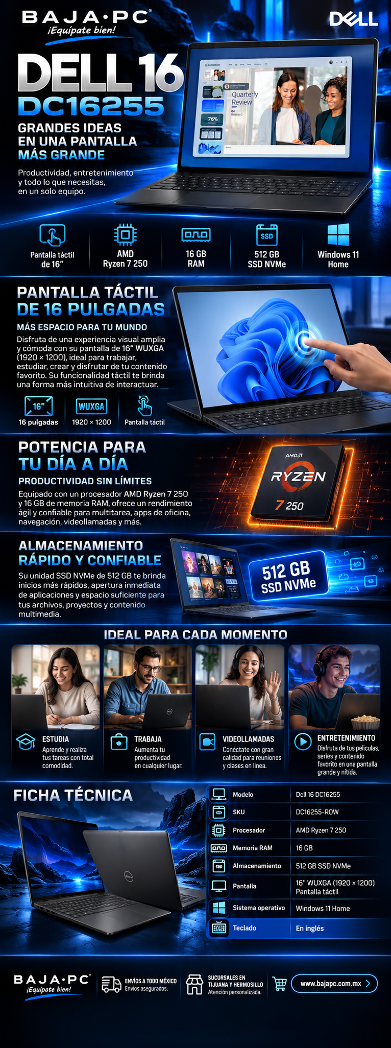 Laptop Dell Dell 16 DC16255, 16" 1920x1200 WUXGA Táctil, AMD Ryzen 7 250, 16GB, 512GB SSD, Windows 11 Home, Inglés