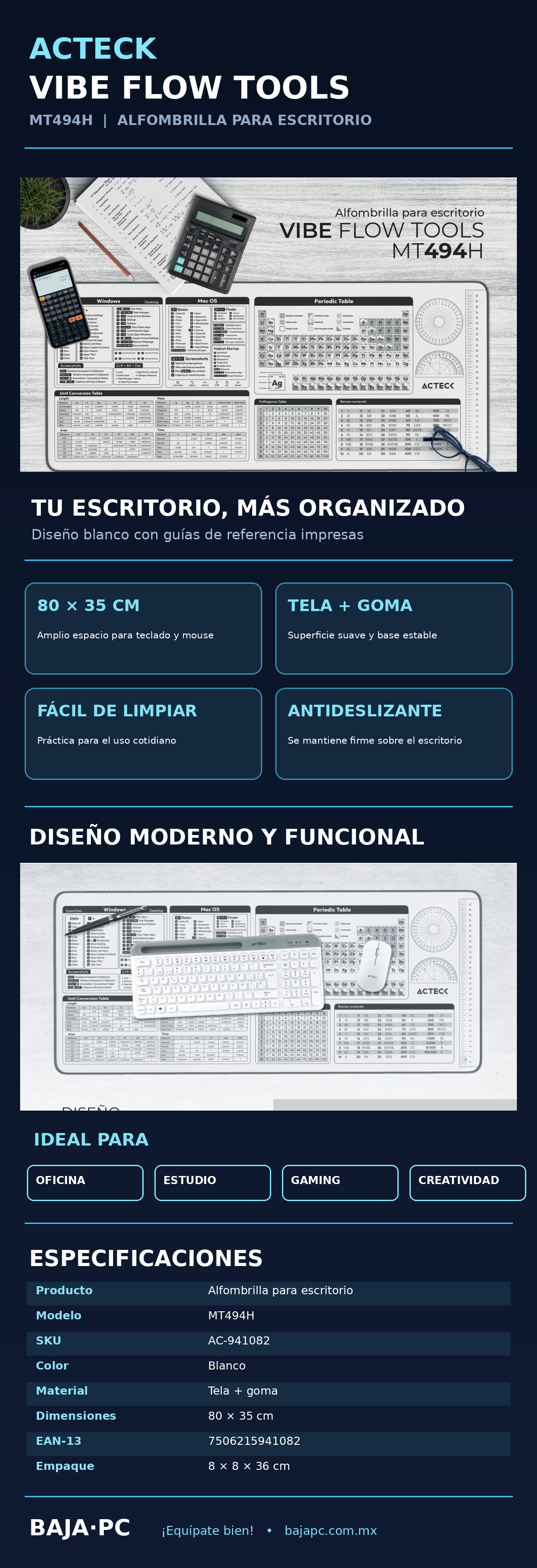 Mouse Pad Vibe Flow Tools MT494TH ACTECK Advanced Series Tela + Goma, Medidas 80cm x 35cm
