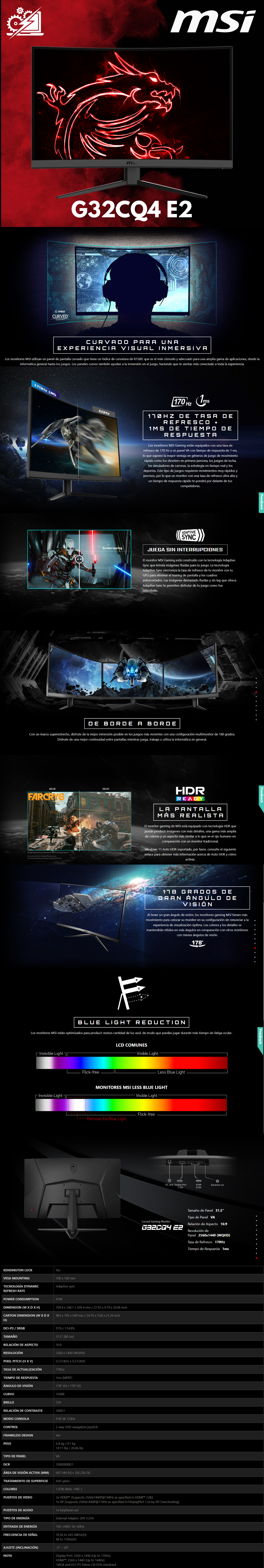 Monitor Gamer Curvo MSI G32CQ4 E2 LCD 31.5" / Ultra Wide / Quad HD / FreeSync / 170Hz / HDMI / Negro 