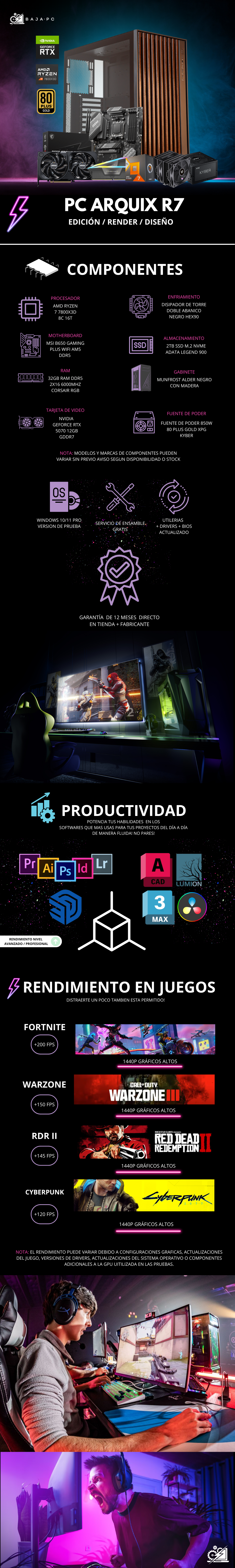 PC ARQUIX R7 / AMD RYZEN 7 7800X3D / RTX 5070 / 32GB RAM DDR5 / 2TB SSD NVME / DISIPADOR DE TORRE DOBLE FAN / FUENTE 850W 80+ GOLD / PROMOCION