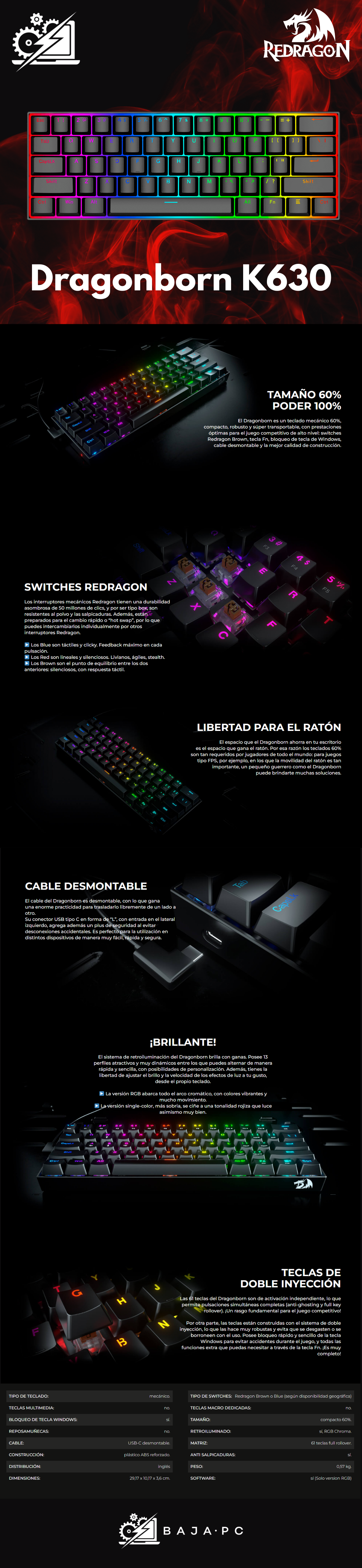 Teclado Redragon Gamer DRAGONBORN K630 RGB  / Negro / Alambrico / Led RGB / ESPAÑOL / Tenkeyless / Switch Dust Proof Red / Botones Multimedia