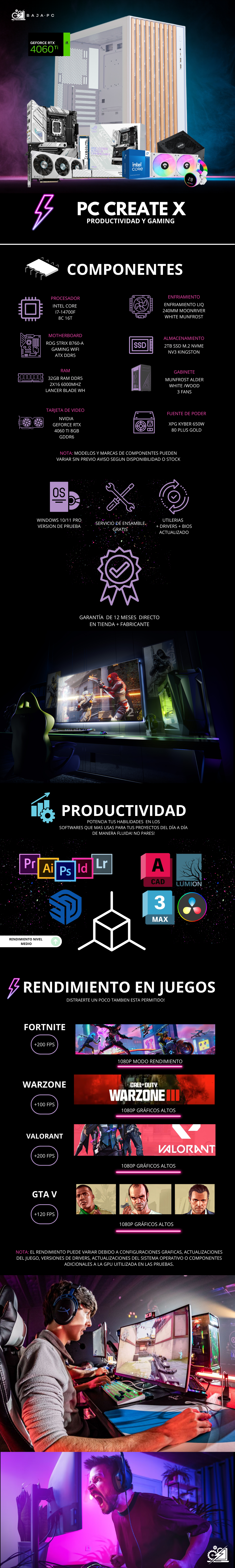 PC CREATE X / INTEL CORE I7-14700F / RTX 4060 TI / 32GB RAM DDR5 / 2TB SSD NVME / ENFRIAMIENTO LIQ 240MM / FUENTE 650W 80+ GOLD / PROMOCION