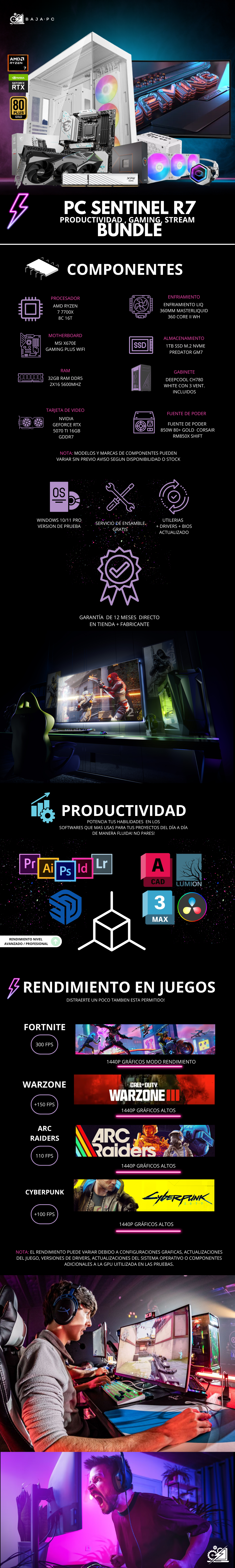 PC SENTINEL R7 BUNDLE / AMD RYZEN 7 7700X / RTX 5070 TI 16G / 32GB RAM DDR5 / 1TB SSD NVME / ENFRIAMIENTO LIQ 360MM / FUENTE 850W 80+ GOLD / W11 PRO / MONITOR 27" 1440P 180HZ/ PROMOCION