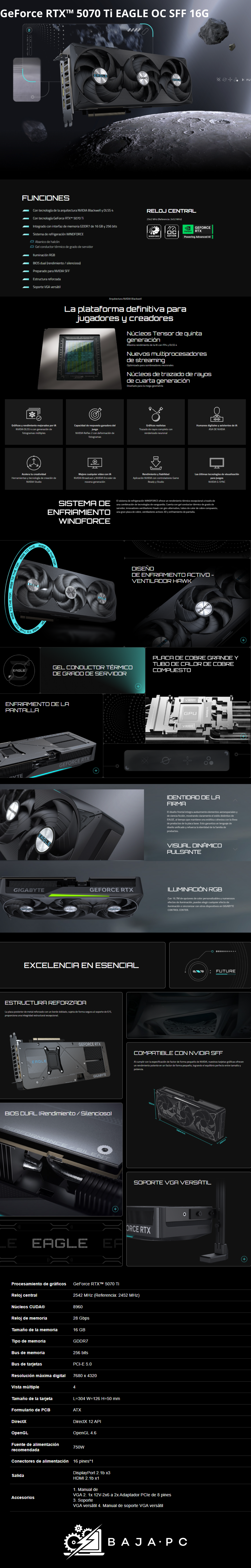 Tarjeta de Video GIGABYTE GeForce RTX 5070Ti EAGLE OC Edition / 16GB GDDR7 / 256-bit / DisplayPort x3 / HDMI / GV-N507TEAGLE OC-16GD