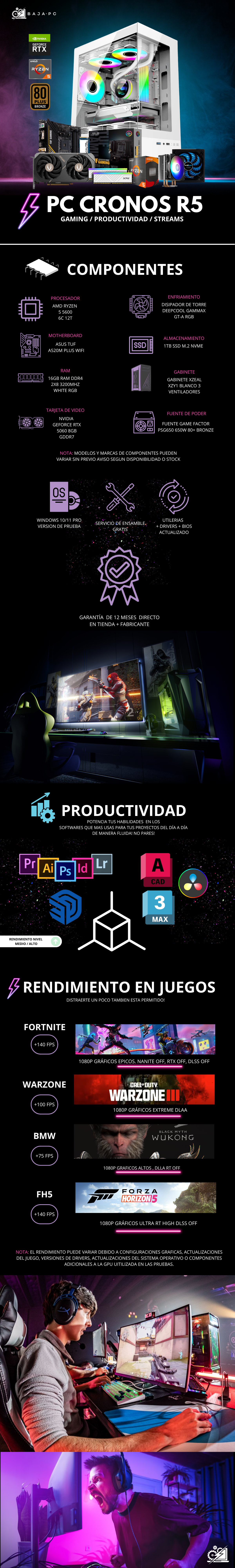 PC CRONOS R5 / AMD RYZEN 5 5600 / RTX 5060 / 16GB RAM / 1TB SSD NVME / DISIPADOR DE TORRE / FUENTE 650W 80+ BRONZE / PROMOCION