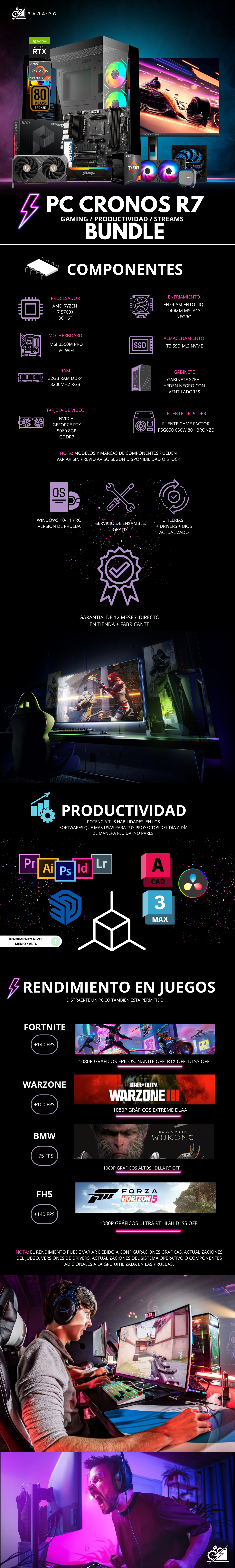 PC CRONOS R7 BUNDLE / AMD RYZEN 7 5700X / RTX 5060 / 32GB RAM / 1TB SSD NVME / FUENTE 650W 80+ BRONZE / ENFRIAMIENTO LIQUIDO / MONITOR 24" FHD IPS 165HZ 1MS / PROMOCION