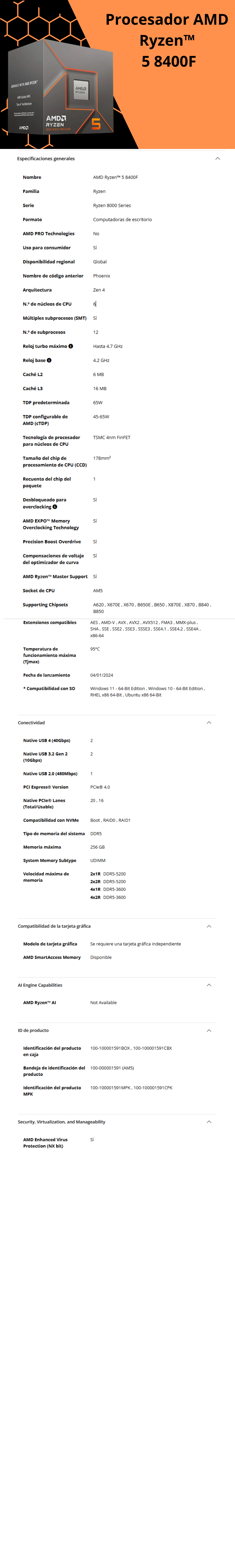 Procesador AMD RYZEN 5 8400F / 4.2 GHz / Six Core / AM5 / Requiere Tarjeta de Video / 100-100001591BOX