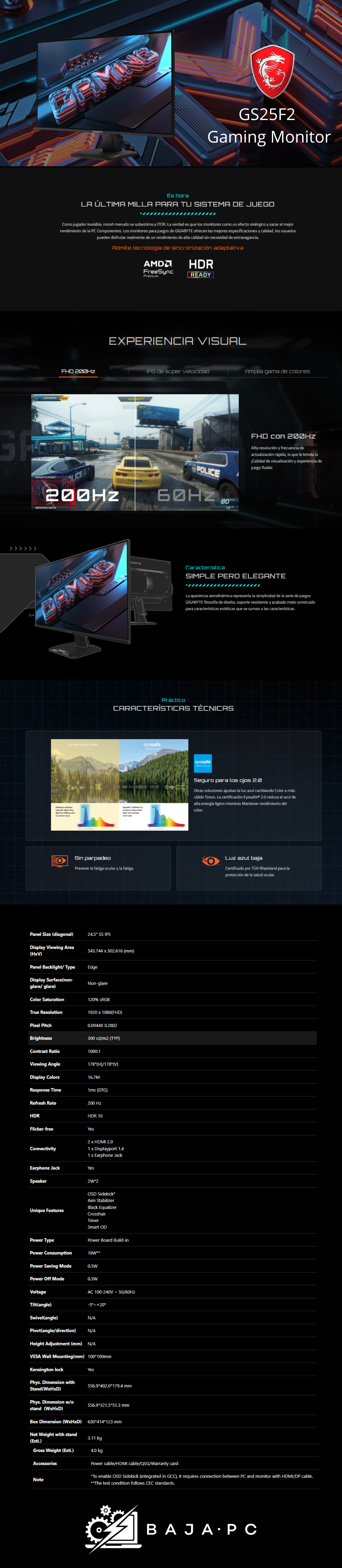 Monitor Gamer Gigabyte GS25F2 / LED 24.5 / FHD / SS IPS / 1ms / 200Hz / HDMI/DisplayPort / Bocinas Integradas / Negro / GS25F2