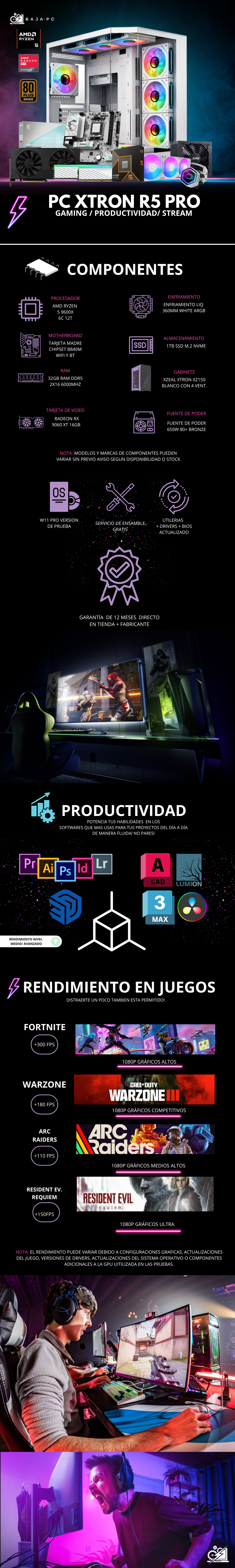 PC XTRON R5 PRO / AMD RYZEN 5 9600X / RADEON RX 9060 XT 16G / 32GB RAM DDR5 / 1TB SSD NVME / ENFRIAMIENTO LIQ 360MM / FUENTE 650W 80+ BRONZE / W11 PRO / PROMOCION