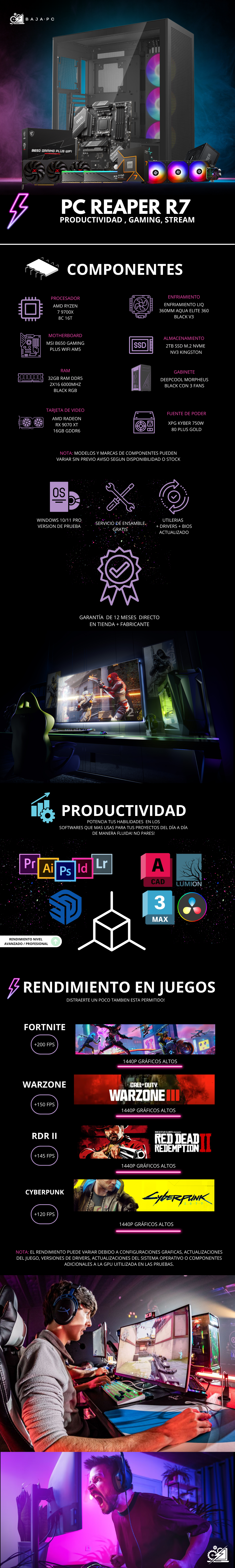 PC REAPER R7 / AMD RYZEN 7 9700X / RADEON RX 9070 XT / 32GB RAM DDR5 /2TB SSD NVME / ENFRIAMIENTO LIQ 360MM / FUENTE 850W 80+ GOLD /  PROMOCION
