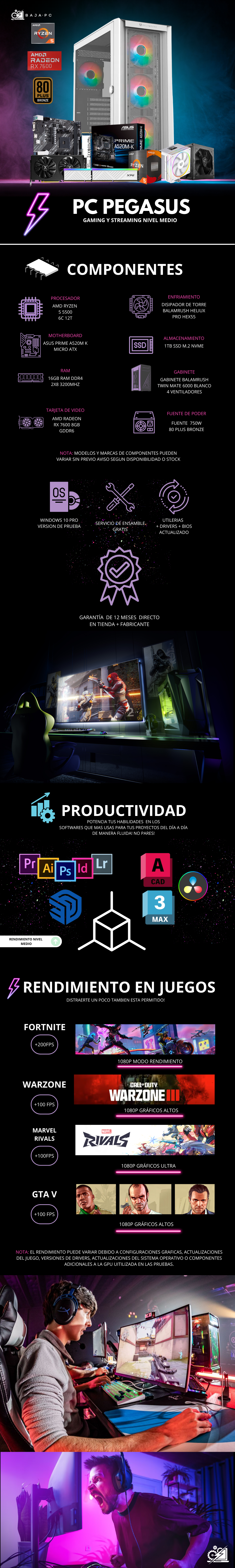 PC PEGASUS / AMD RYZEN 5 5500 / RX 7600 / 16GB RAM / 1TB SSD NVME / DISIPADOR DE TORRE/ FUENTE 750W 80+ BRONZE / W11 PRO / PROMOCION