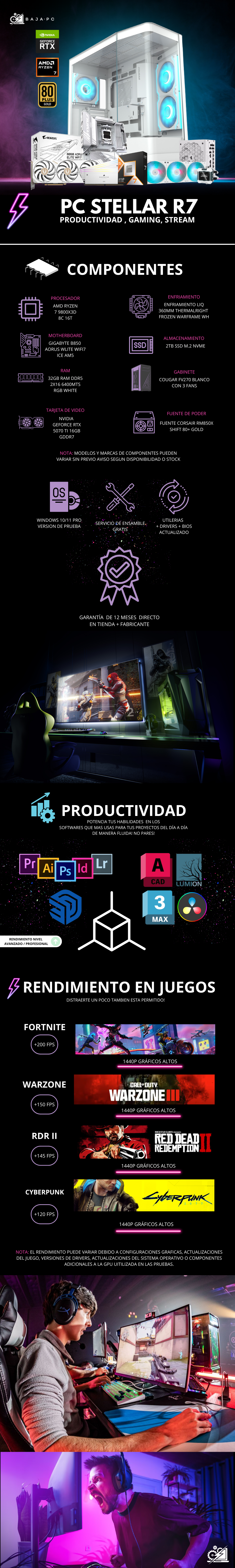 PC STELLAR R7 / AMD RYZEN 7 9800X3D / RTX 5070 TI 16G / 32GB RAM DDR5 /2TB SSD NVME / ENFRIAMIENTO LIQ 360MM CON PANTALLA / FUENTE 850W 80+ GOLD / W11 PRO / PROMOCION