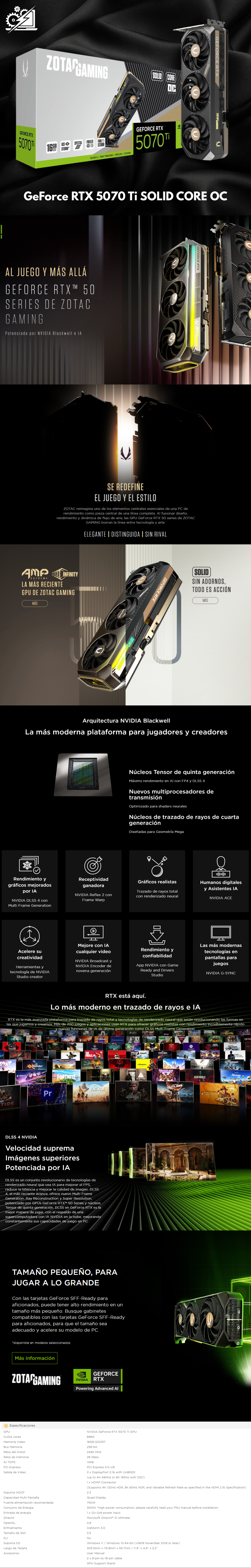 Tarjeta Gráfica ZOTAC GAMING GeForce RTX 5070 Ti SOLID CORE OC GDDR7 16GB