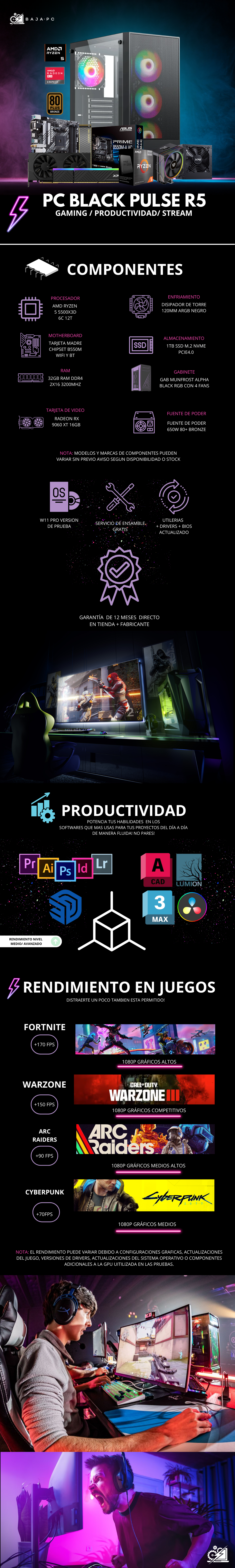 PC BLACK PULSE R5 / AMD RYZEN 5 5500X3D / RX 9060 XT 16G / 32GB RAM / 1TB SSD NVME / DISIPADOR DE TORRE/ FUENTE 650W 80+ BRONZE / W11 PRO / PROMOCION
