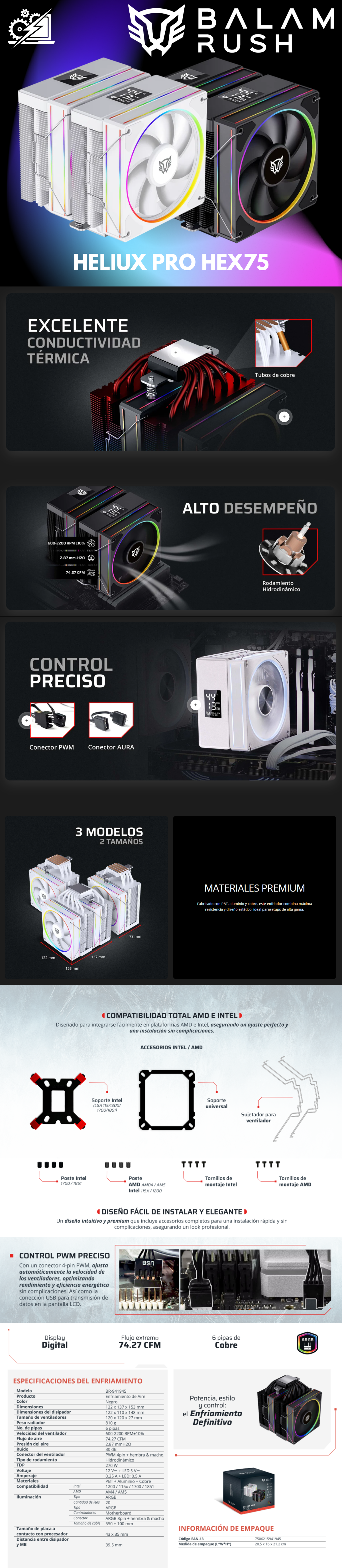 Enfriamiento de Aire | Heliux Pro HEX75 | Display para monitoreo de temperatura + RGB | 6 Pipas | TDP 270 W | Compatibilidad AMD + Intel | 2x Ven 120mm + Rodamiento Hidráulico + 600 - 2000 RPM + 74.27CFM + 30 dB + PWM 4 Pin + ARGB 3pin | Legend | Negro