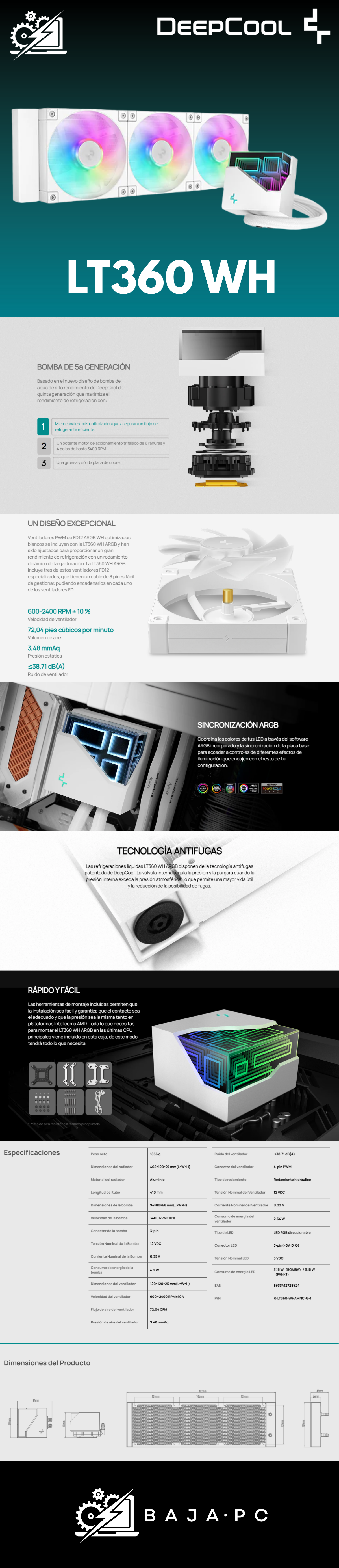 Enfriamiento Líquido DeepCool LT360 ARGB / 3x120mm / 600-2400RPM / Blanco / R-LT360-WHAMNC-G-1