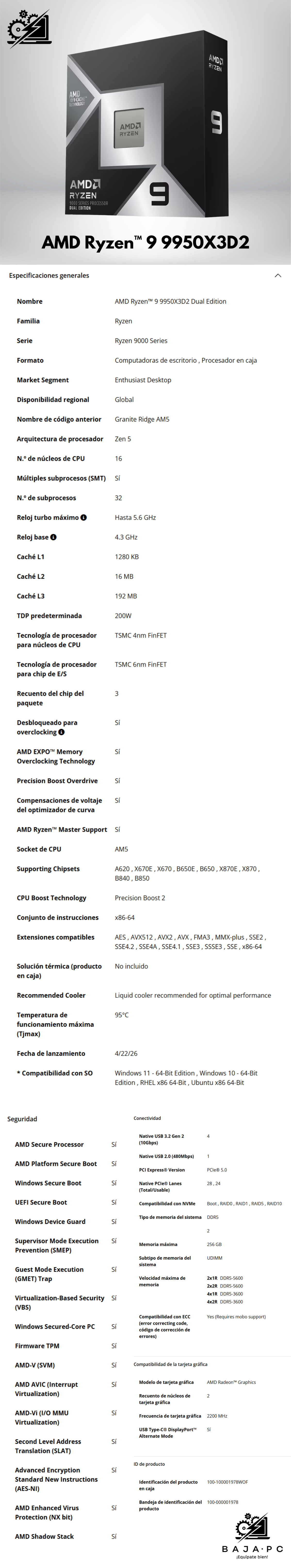 Procesador AMD Ryzen 9 9950X3D2 / 16 Núcleos / 5.6 GHz / 208MB Caché / AM5 / No Incluye Disipador